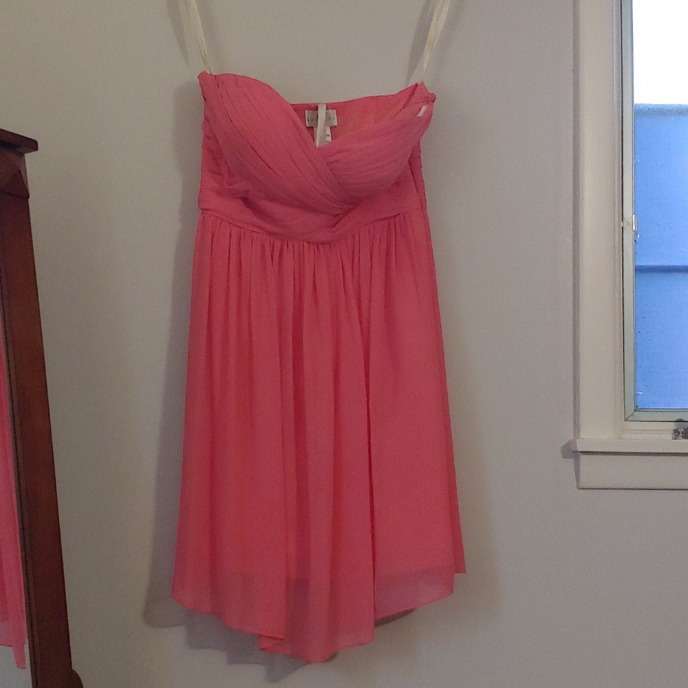 Coral Bill Levkoff bridesmaids dress